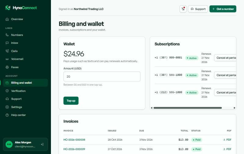 The billing page with the wallet, subscriptions and the invoices table with PDF links