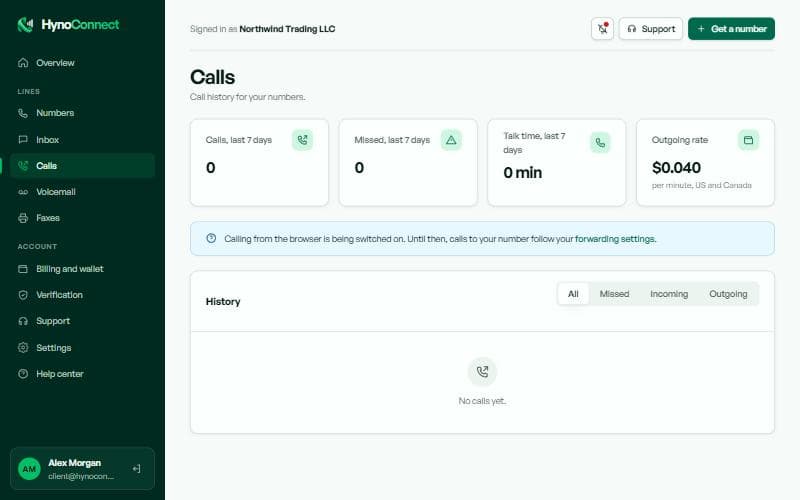The calls page with counters for calls, missed calls, talk time and the outgoing rate, and the call history