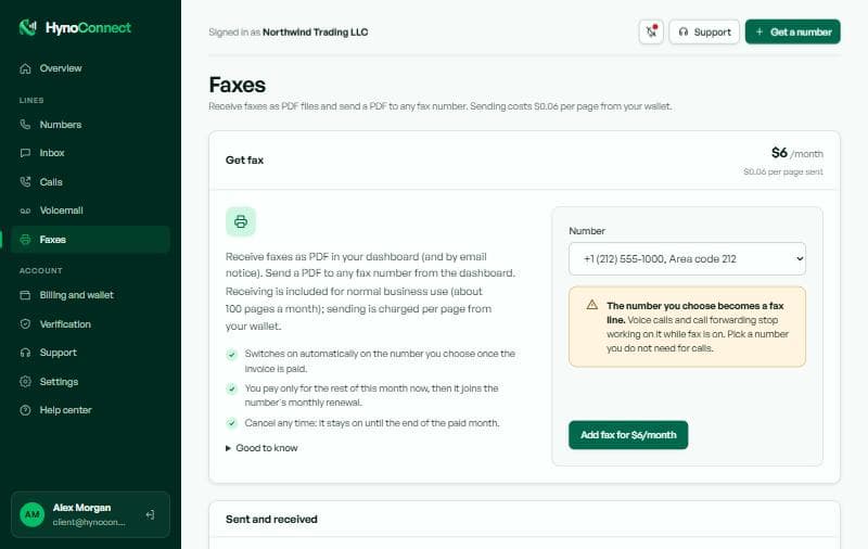 The faxes page with the form to add fax to a number and the list of sent and received faxes