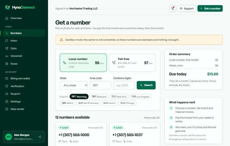 The Get a number screen with local and toll-free choices, an area code search and the order summary