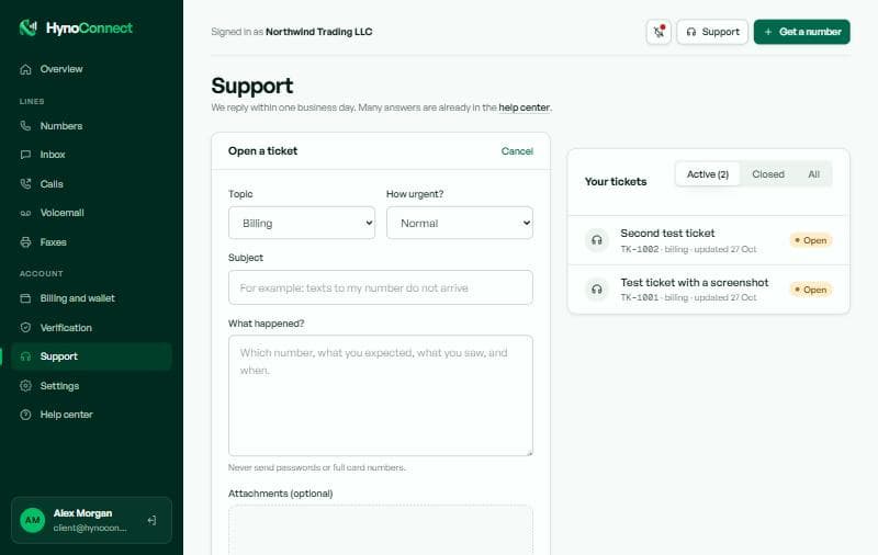 The new ticket form with topic, urgency, subject, description and attachments