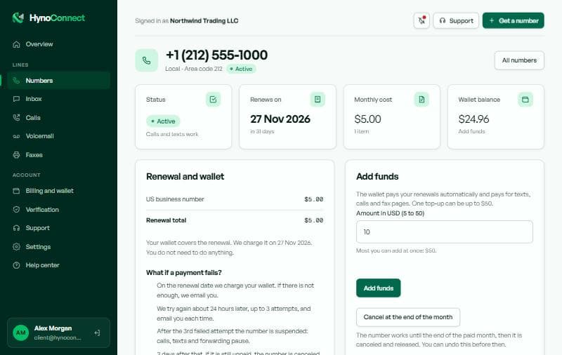 A number's page with status, renewal date, monthly cost, wallet and the renewal policy