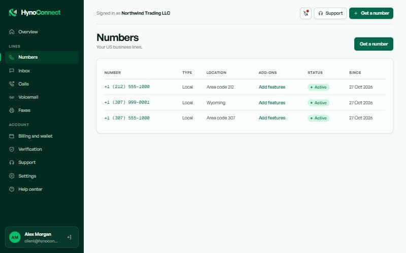 The list of numbers with type, location, add-ons, status and start date