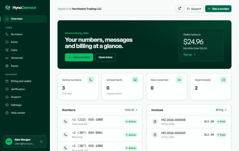 The dashboard overview with the wallet balance, counters and lists of numbers and invoices
