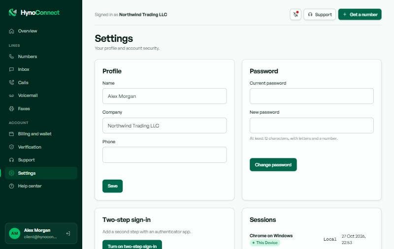 The settings page with profile, password, two-step sign-in and sessions