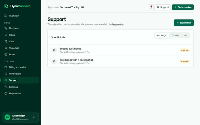 The support page with the list of active tickets