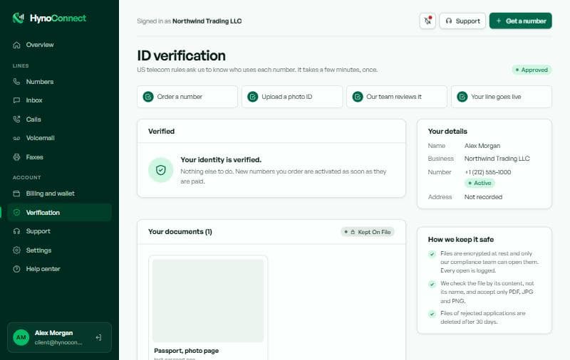 The verification page with the four steps, the verified message, your details and your documents