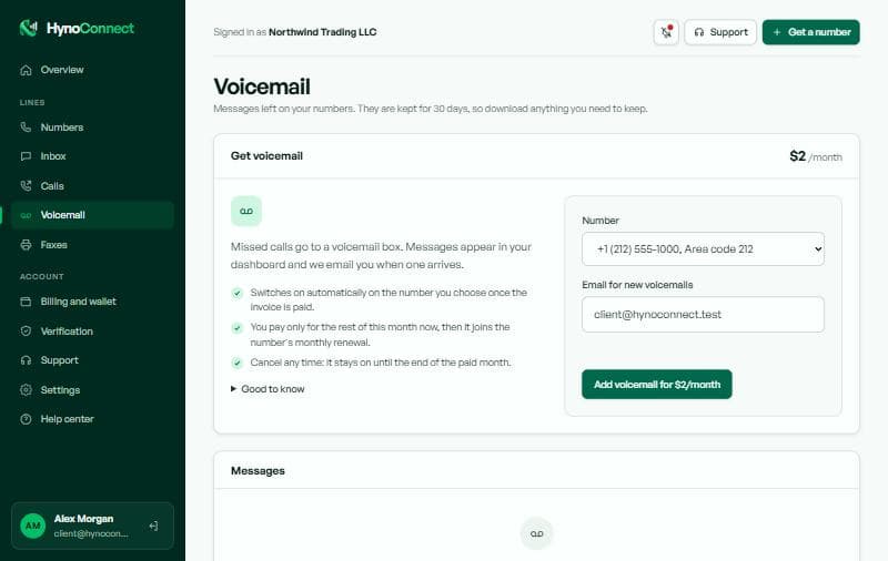 The voicemail page with the form to add voicemail to a number and the list of messages